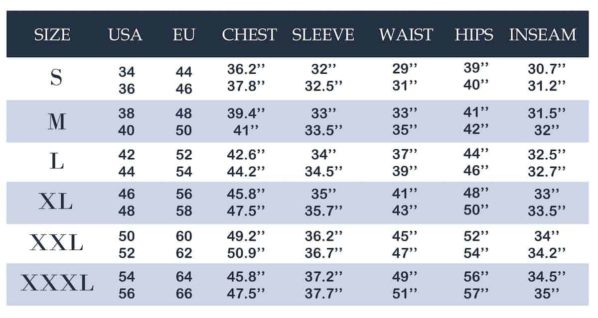 Men s Clothing Size Conversion Chart Pants Shirts Jackets Curve 