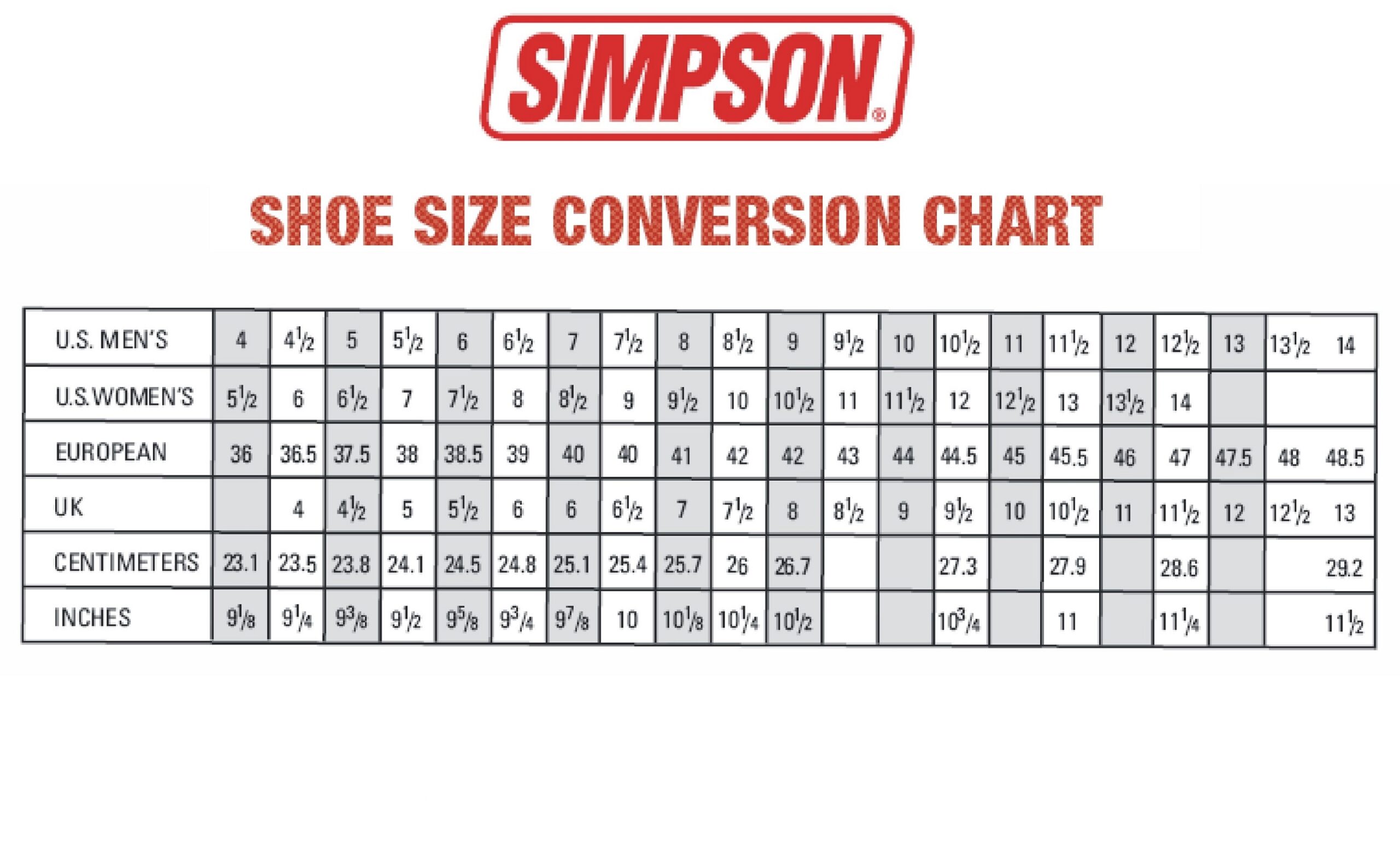 Mens Printable Shoe Size Chart