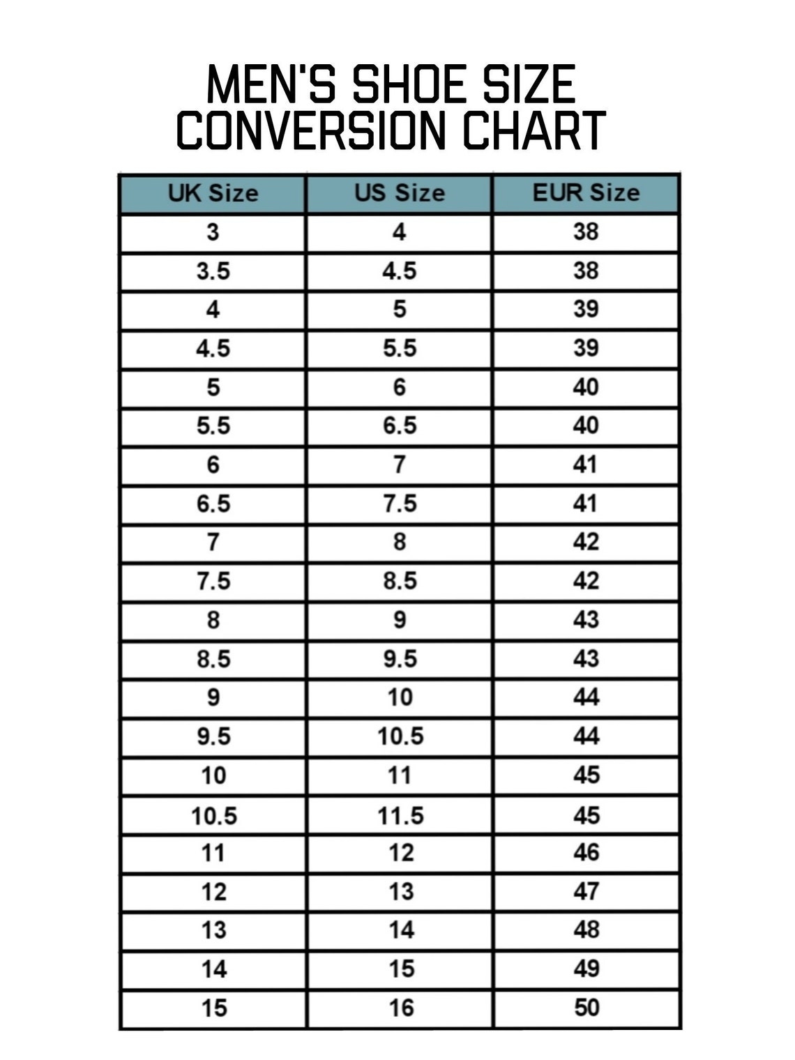 Mens Shoe Size Conversion Chart Template Instant Printable Digital 