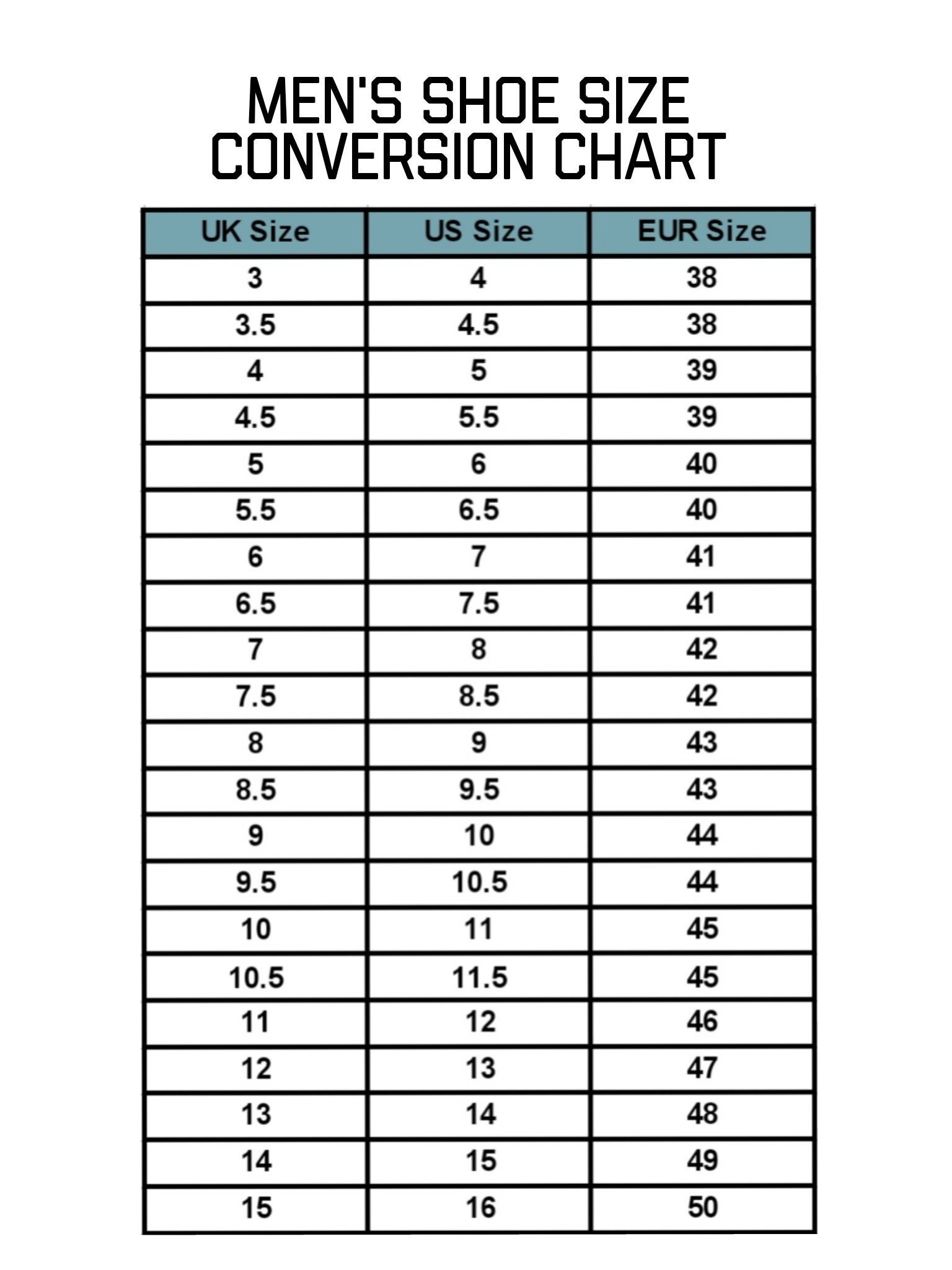 Mens Shoe Size Conversion Chart Template Instant Printable Digital 