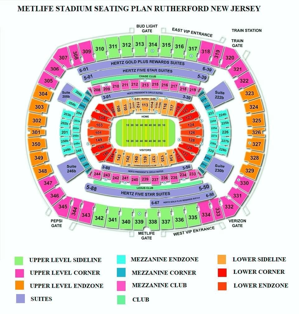 MetLife Stadium Seating Chart With Seat Numbers And Row Parking Map