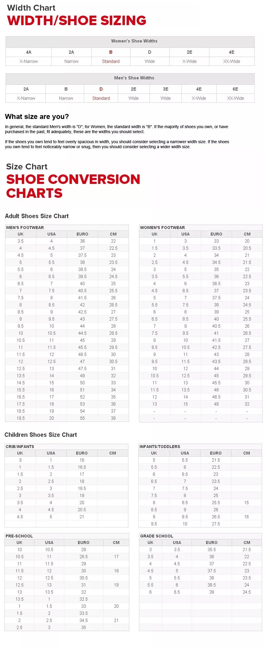 Newbalance Shoe Size Chart Educational Printable Activities