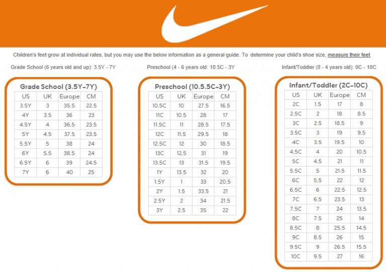 Nike Kid Shoe Size Chart Amulette