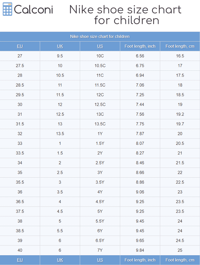 Nike Kids Shoe Size Chart Nike Youth Shoe Size Chart