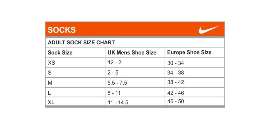 Nike Size Chart Socks 2 RJM Sports