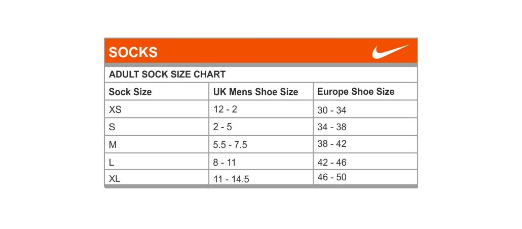 Nike Size Chart Socks 2 RJM Sports