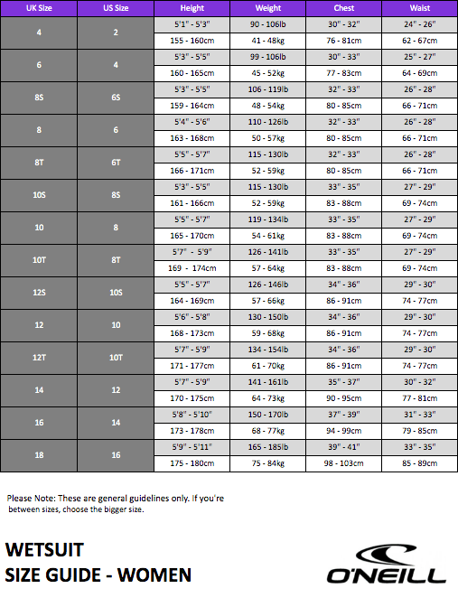 O 39 Neill Wetsuit Size Chart The Wave Shack
