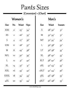 Pants Size Conversion Chart Pants Size Conversion Chart