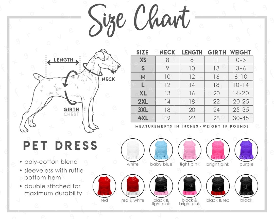Pet Dress Size Color Chart 11 COLORS Dog Dress Size Chart Dog 