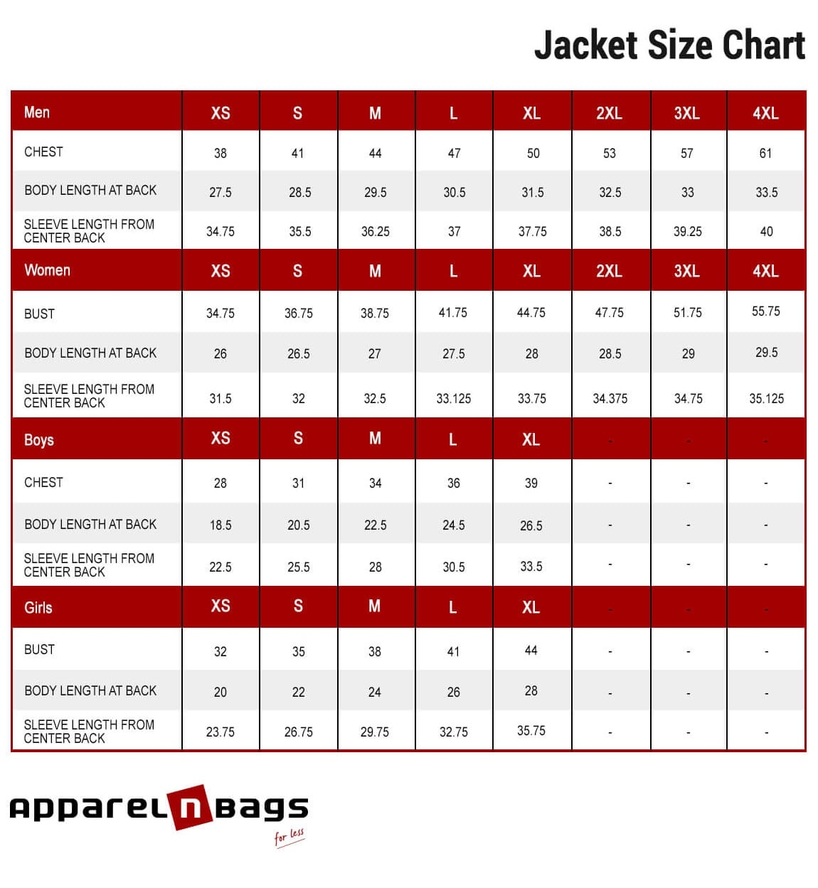 Precise Jacket Size Chart Measurement Guide Apparelnbags