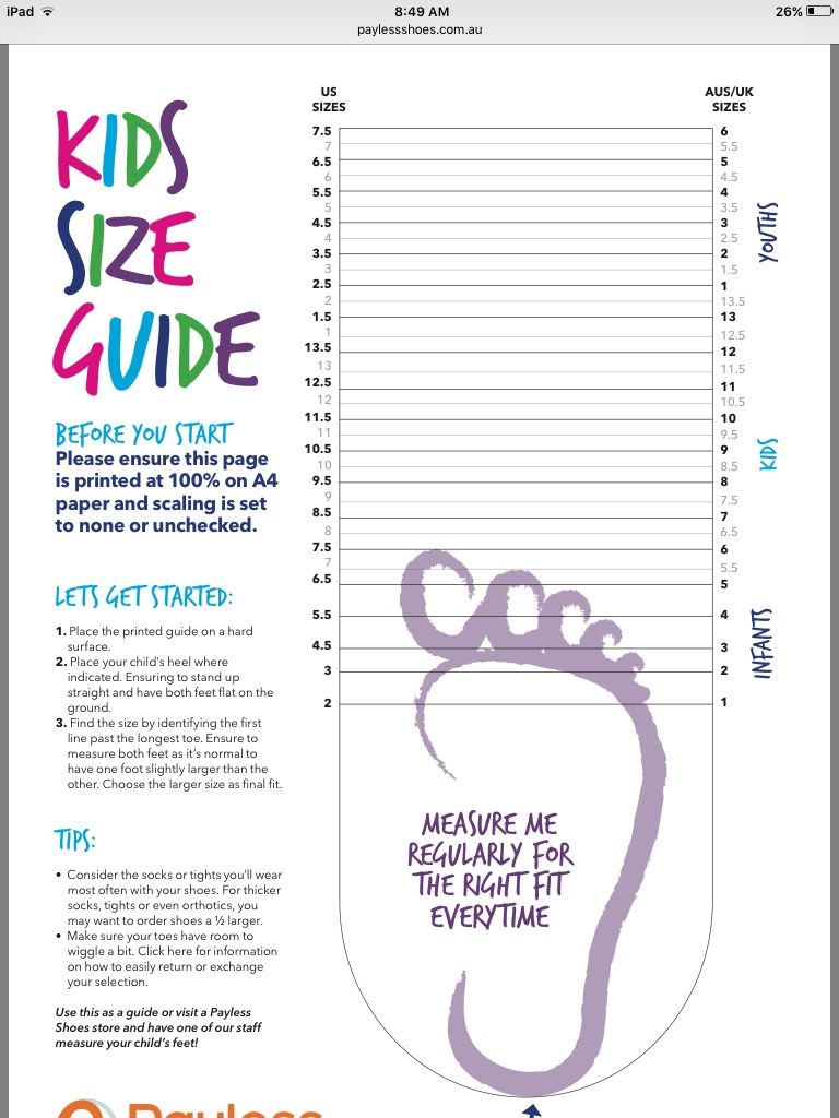 Printable Child Foot Size Chart