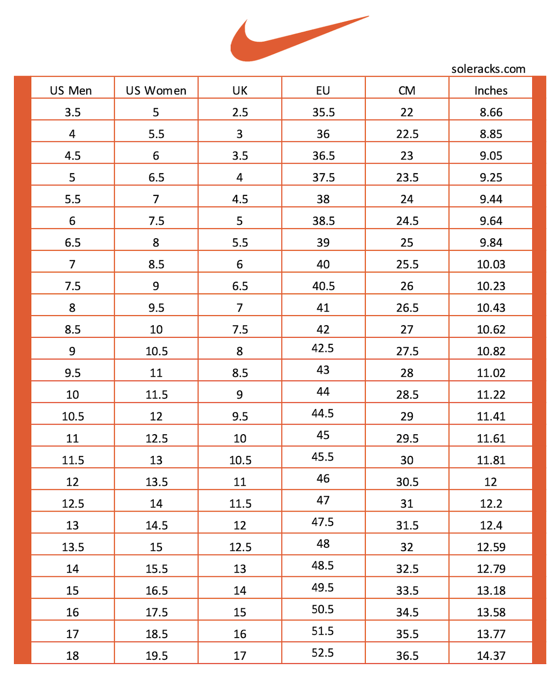 Printable Nike Shoe Size Chart