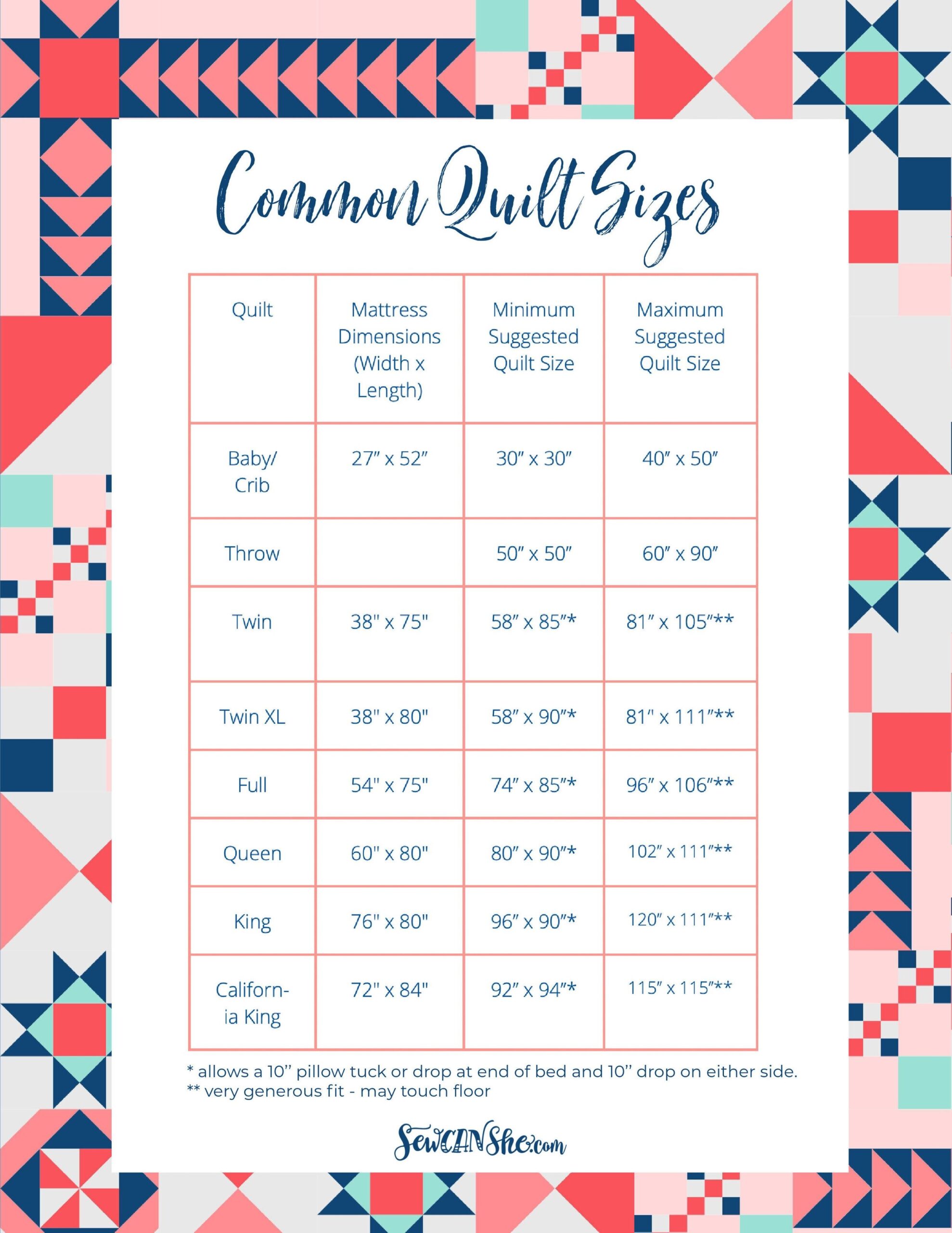 Printable Quilt Size Chart