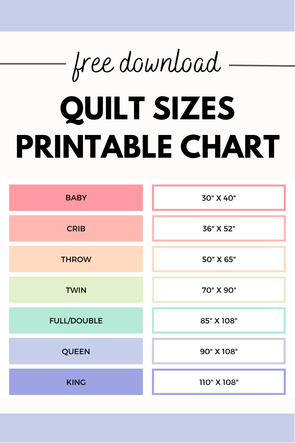 Printable Quilt Size Chart Printable Board Games