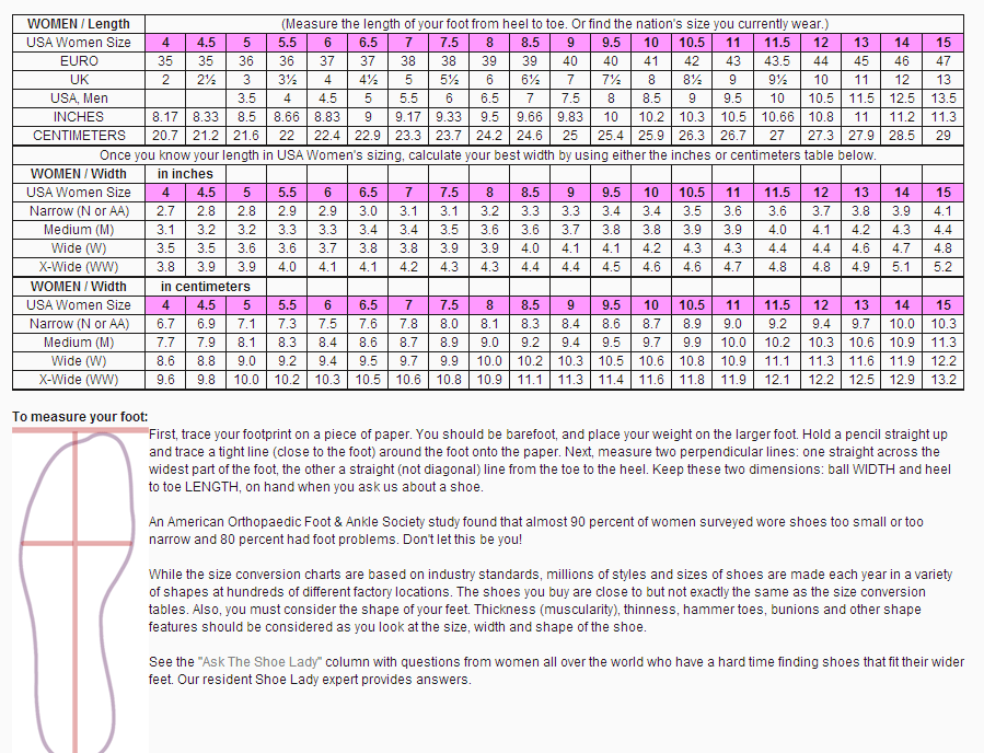 women's shoes size chart
