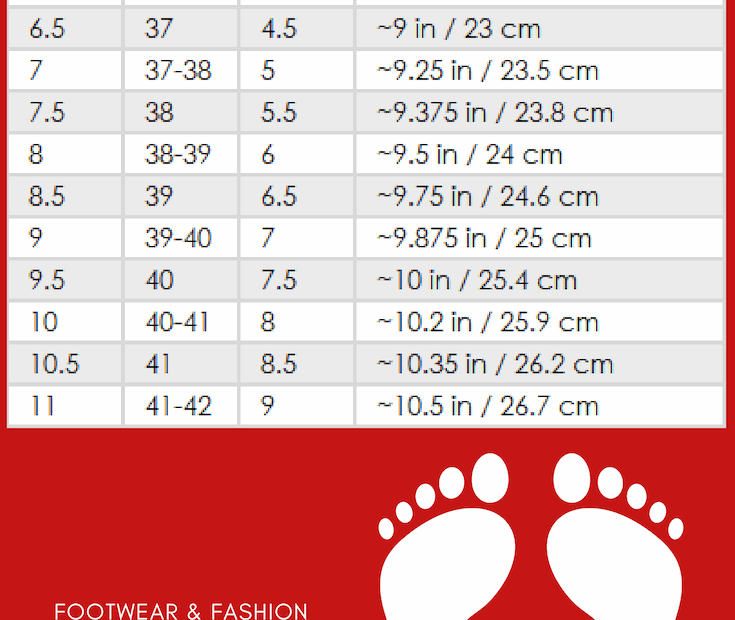 Printable Shoe Size Chart For Women