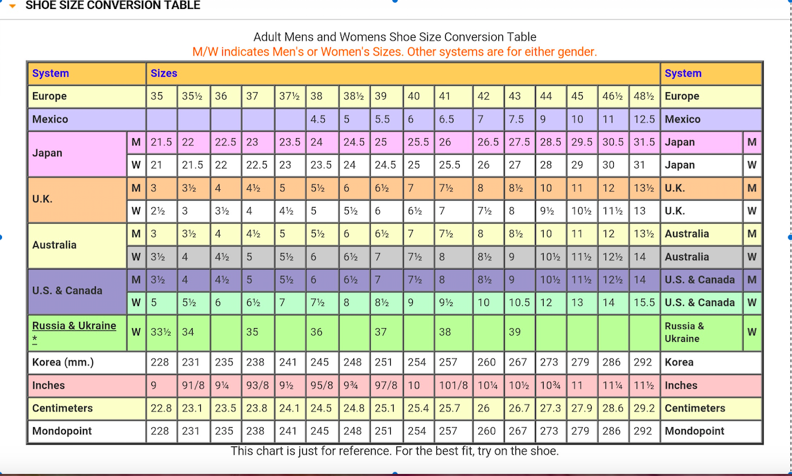 Printable Shoe Size Conversion Chart