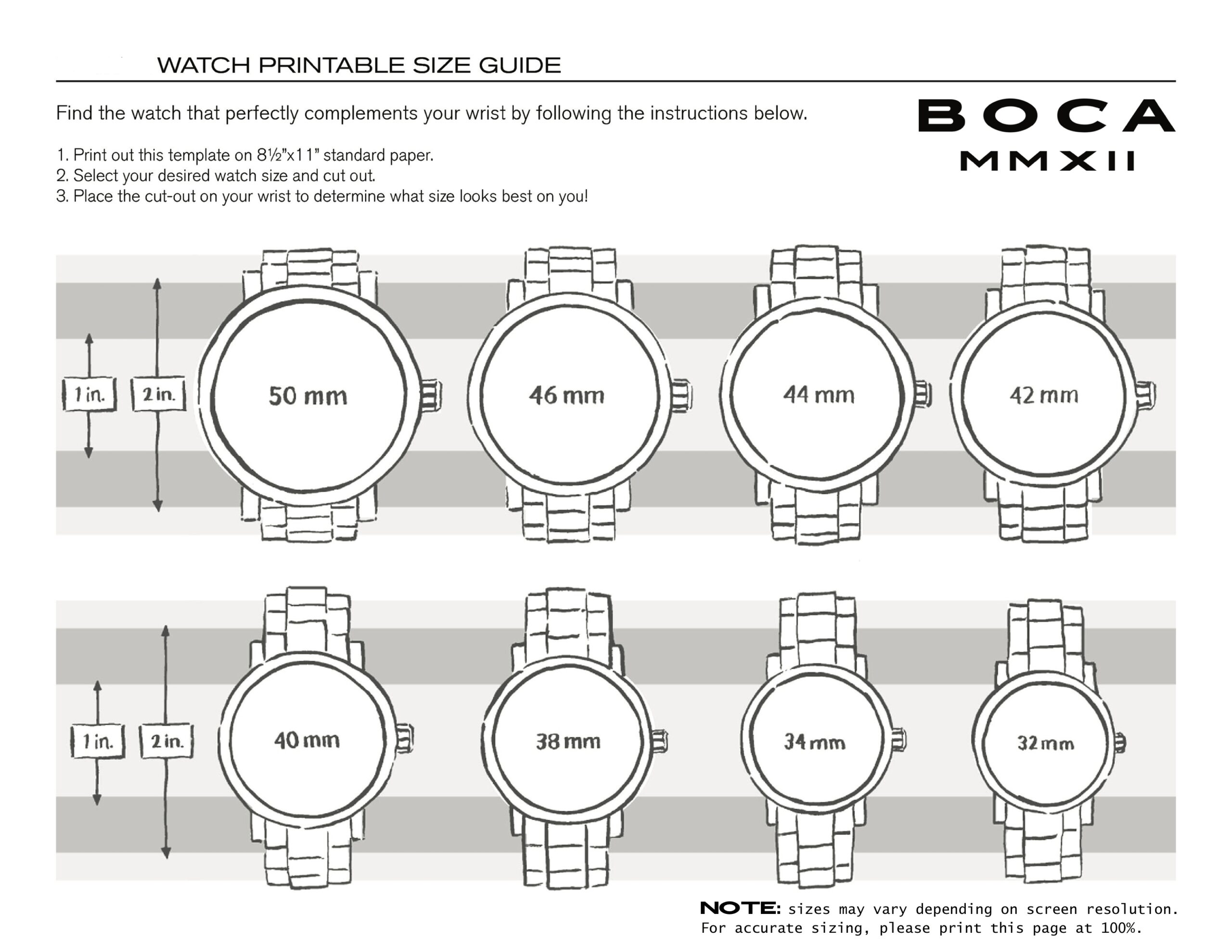 Printable Watch Band Size Chart Printable AT A GLANCE