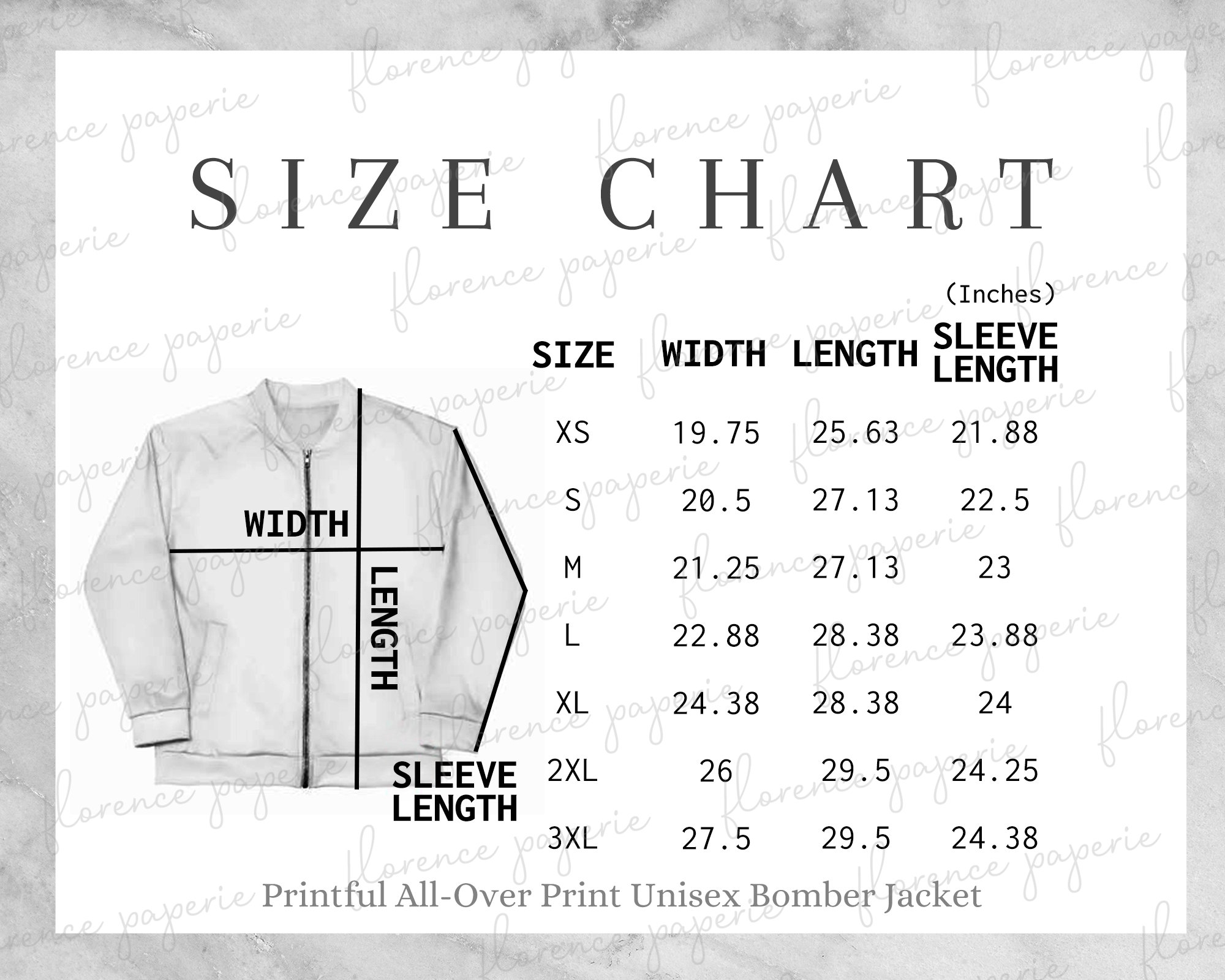 Printful All over Print Unisex Bomber Jacket Size Chart Downloadable Printful All over Print Unisex Bomber Jacket Size Chart Downloadable