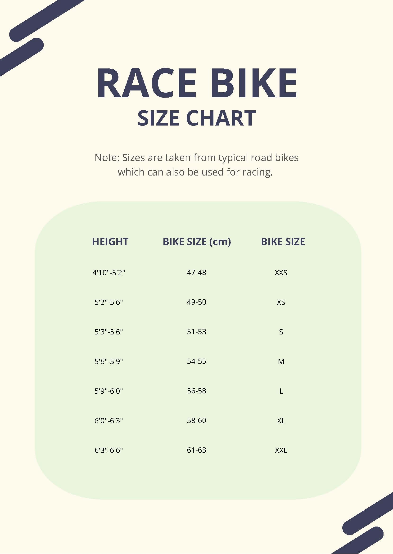 Race Bike Size Chart Infoupdate