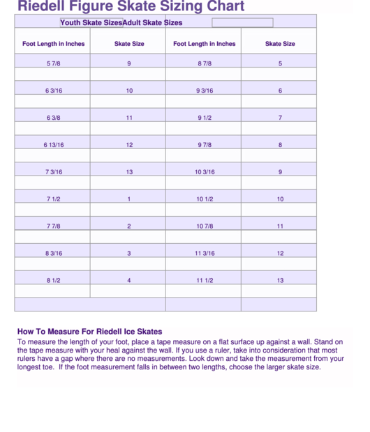 Riedell Figure Skate Sizing Chart Printable Pdf Download