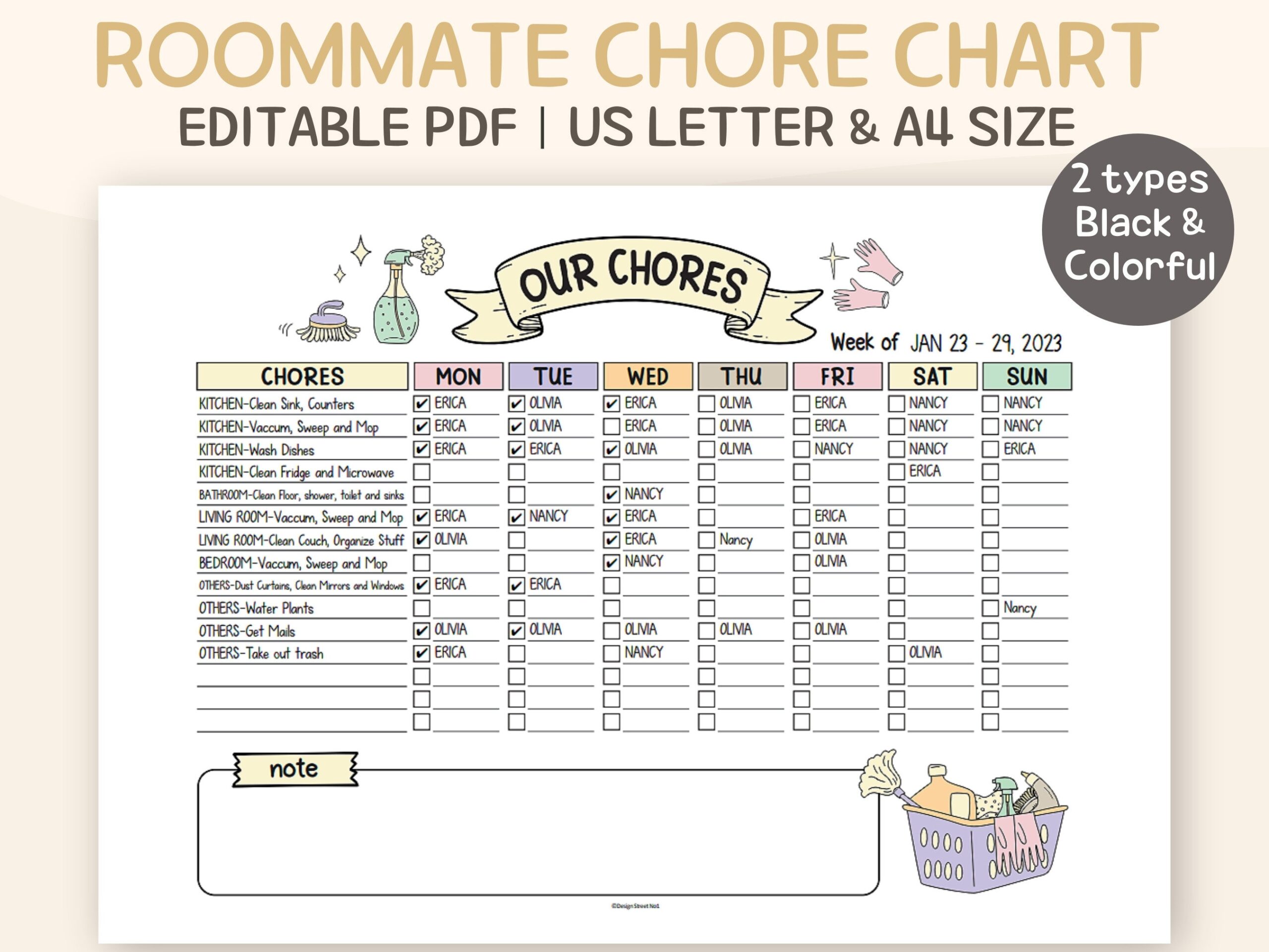Roommate Chore Chart Editable Couples Family Teen College Chore 