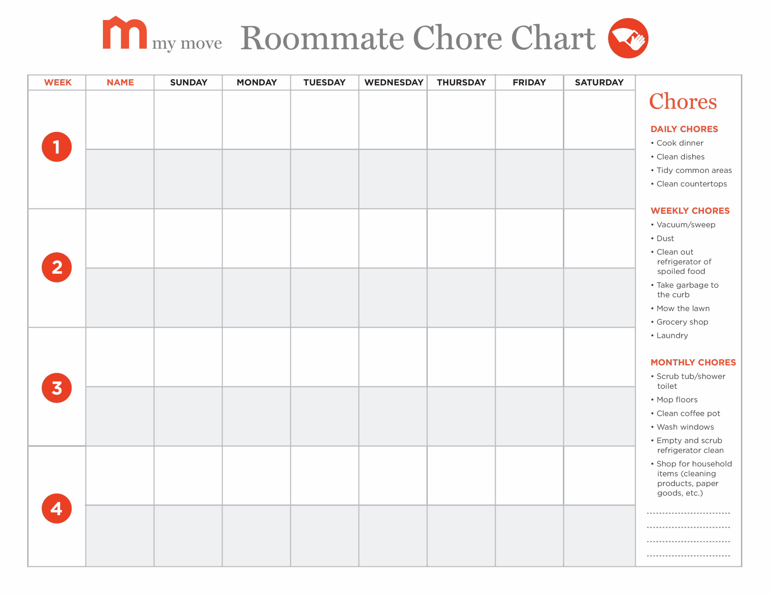 Roommate Chore Chart Printable PrintableChoreCharts