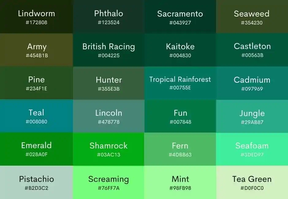 Shades Of Green Color Chart