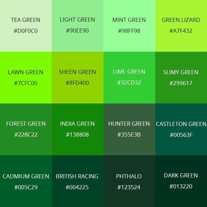 Shades Of Green Color Chart