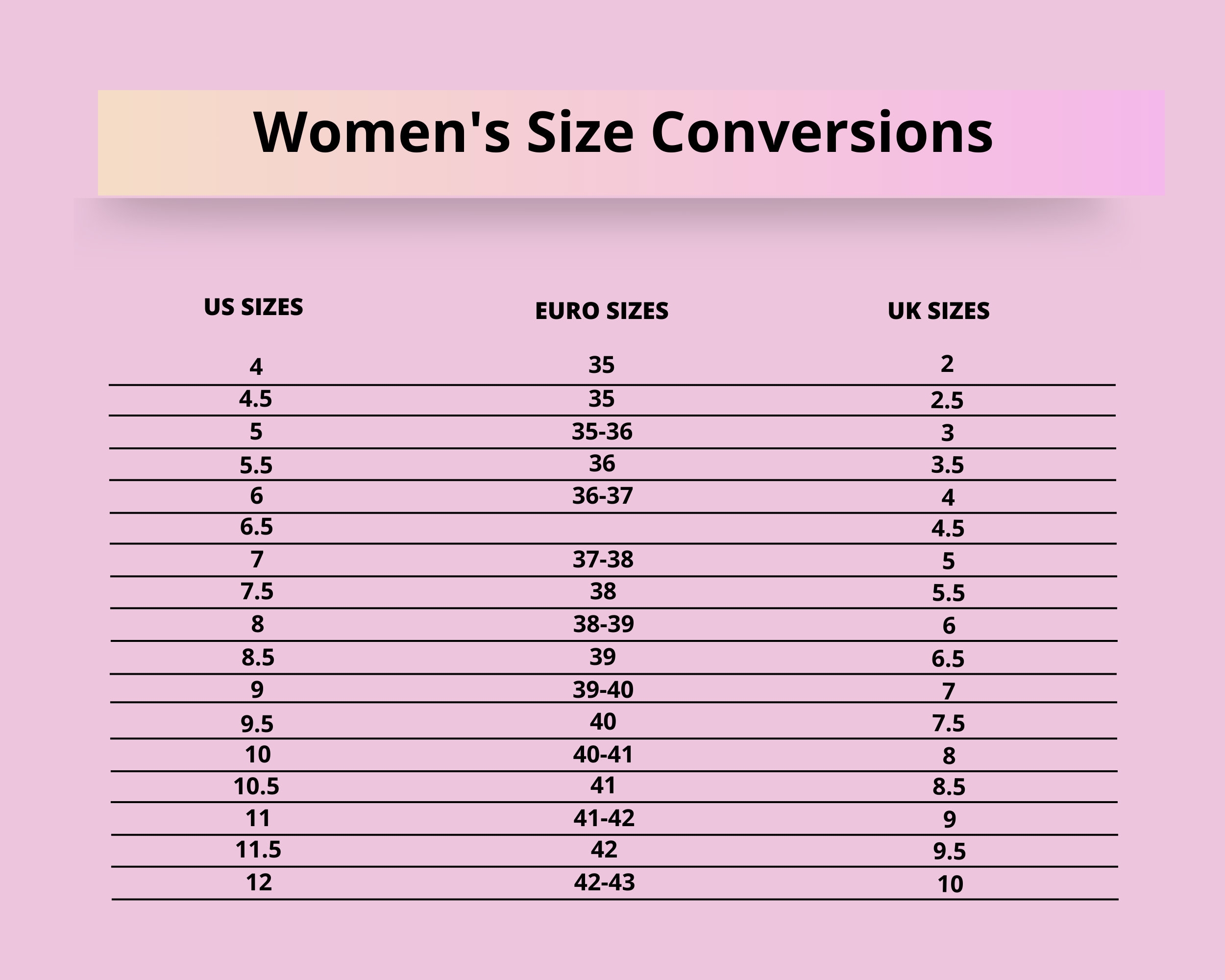 Shoe Size Chart For Women Size Guide For Women Shoe Size Chart Etsy UK