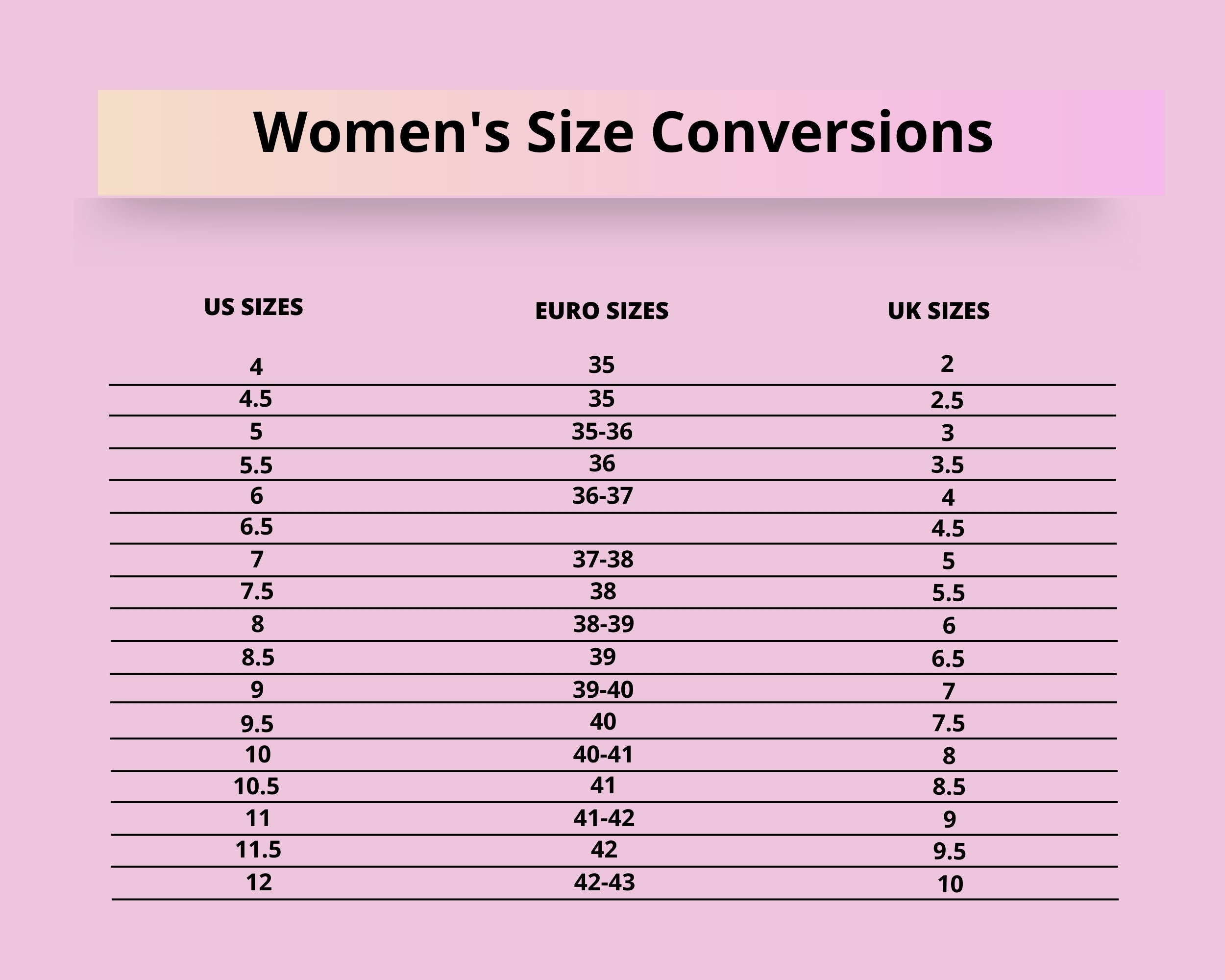 Shoe Size Chart For Women Size Guide For Women Shoe Size Chart Etsy UK