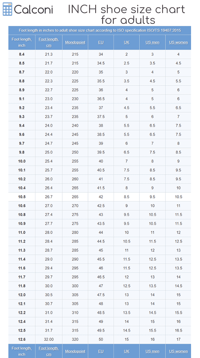 Shoe Size In Inches Chart Shoe Size Measure Chart