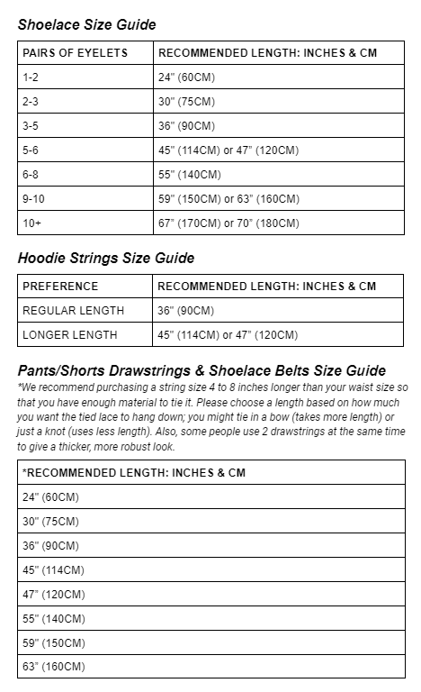 Shoelace Length Chart Size Guide For Different Shoestrings