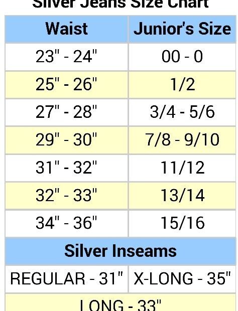 Silver Jeans Size Conversion Chart Jeans Size Chart Silver C