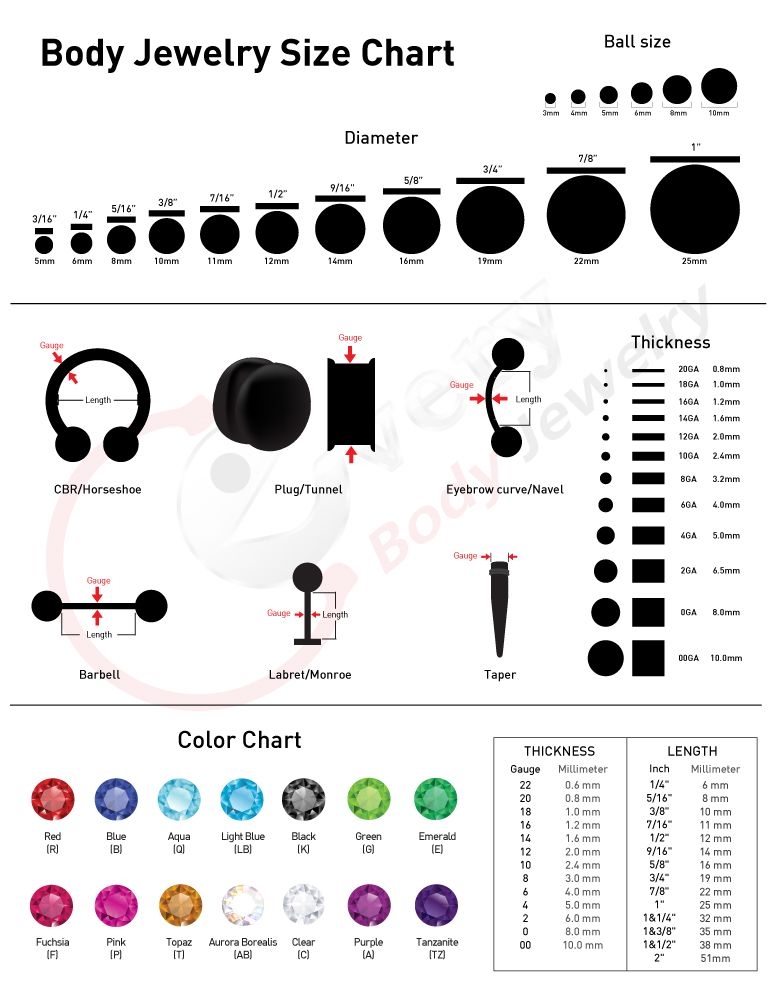 Size Chart For Body Jewelry Educational Chart Resources
