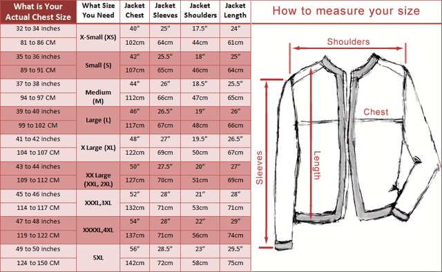 Size Chart For Jackets Bomber Leather Jacket Size Chart