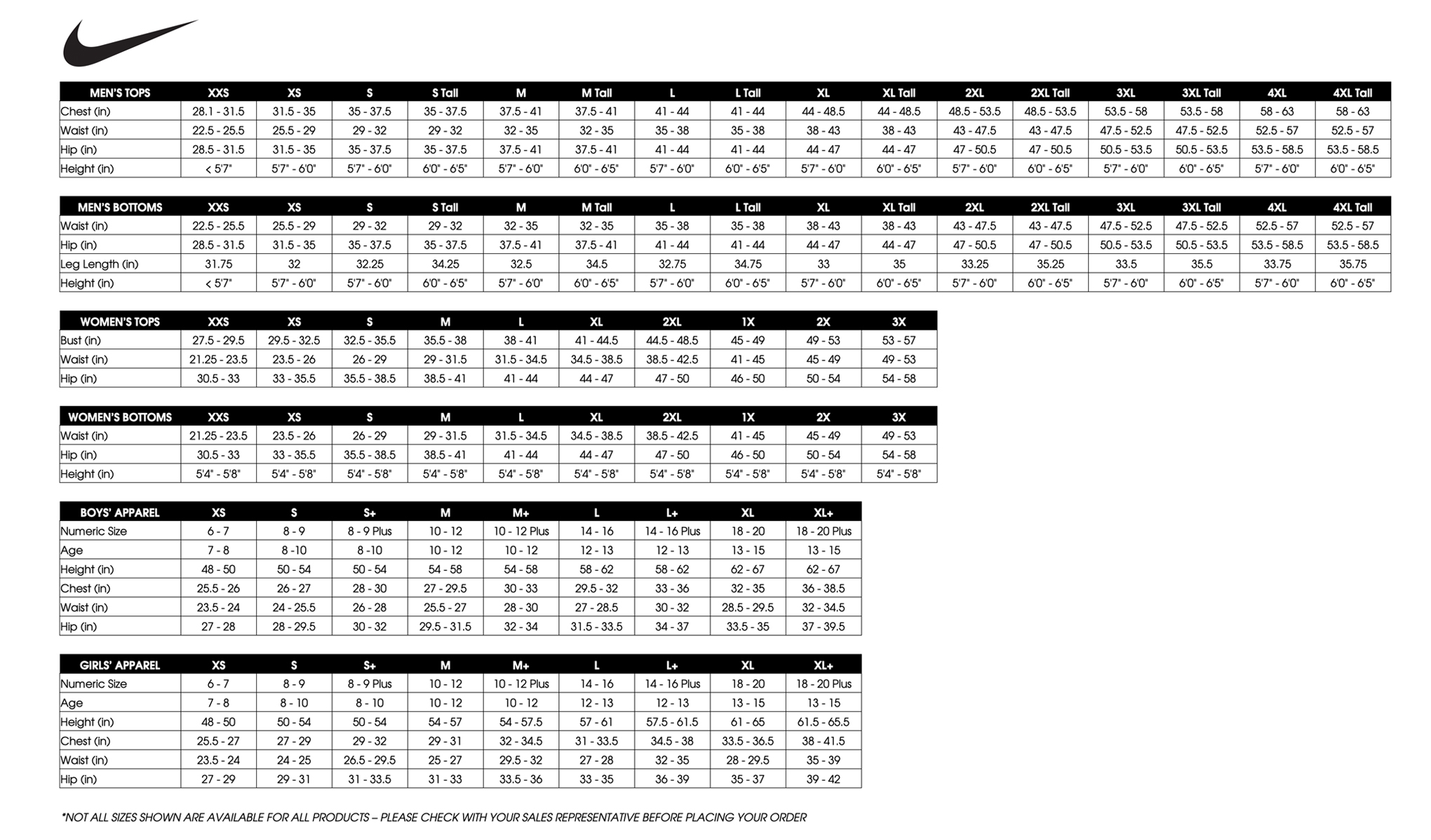 Size Charts Elevation Sports Size Charts Elevation Sports