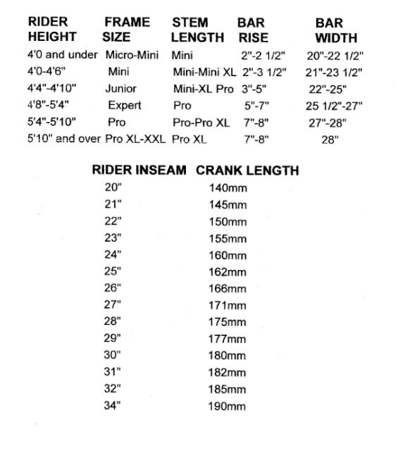 race bike size chart