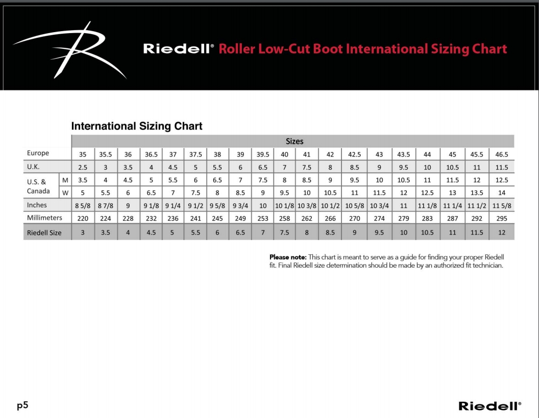 riedell skate size chart