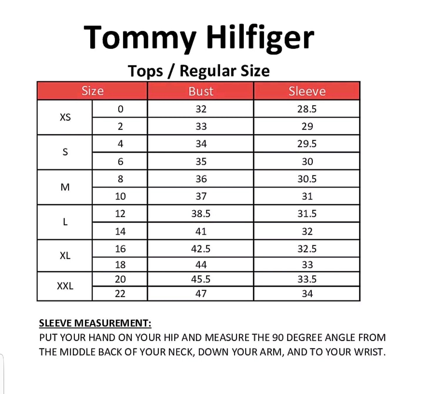 Tommy Hilfiger Clothing Size Chart