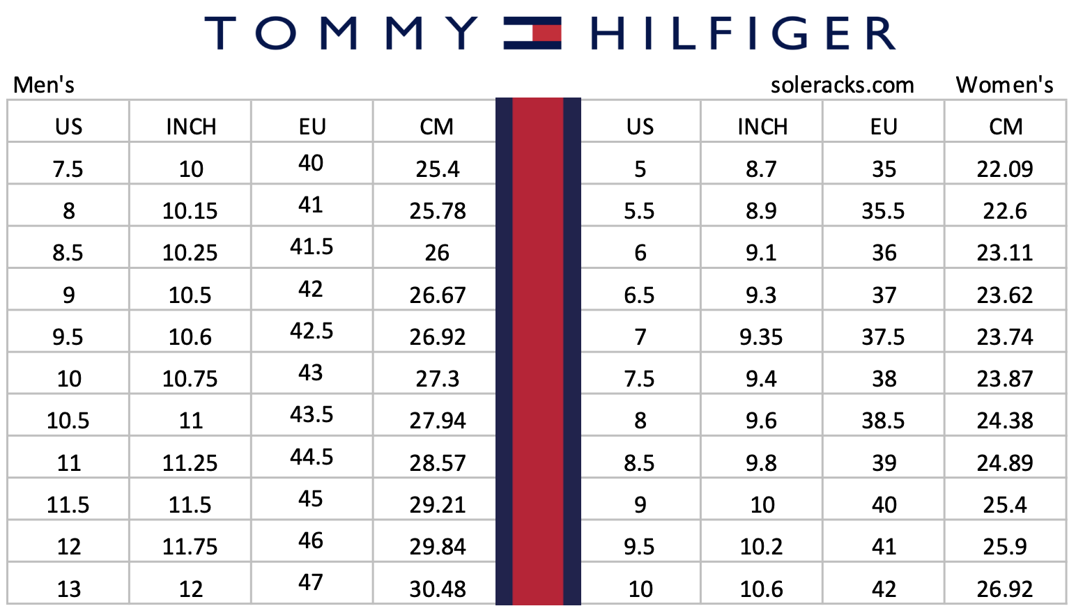 Tommy Hilfiger Size Chart For Men Women And Kids Clothing
