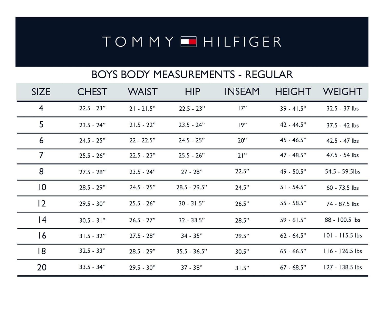 Tommy Hilfiger Size Chart Kids Tommy Hilfiger Size Chart Kids