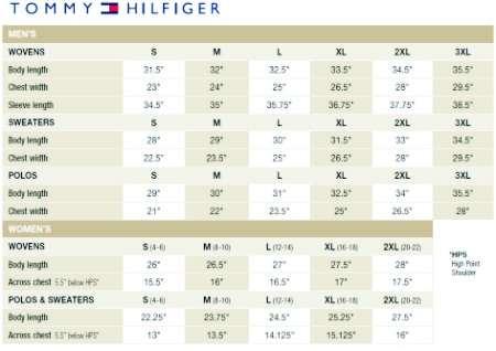 Tommy Hilfiger Size Chart Stitch Logo Uniforms