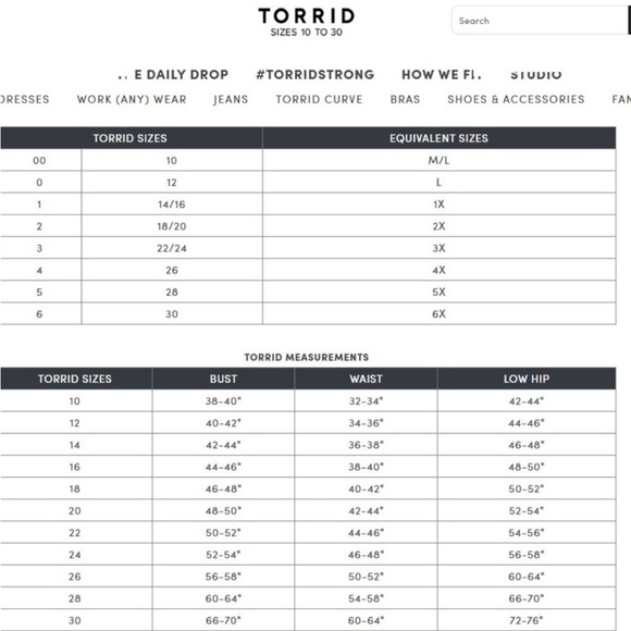 Torrid Tops Torrid Size Chart Poshmark