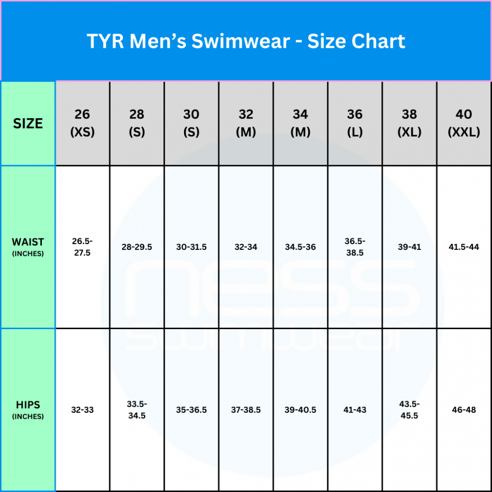 TYR Mens Swimwear Size Charts Ness Swimwear