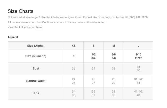 Urban Outfitters Size Chart Ponasa