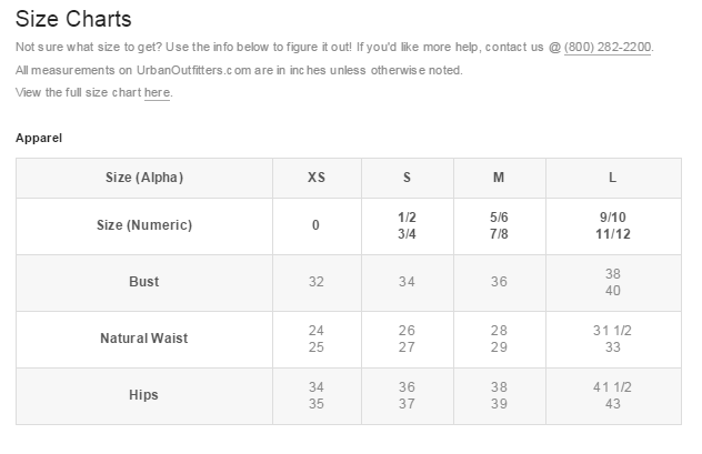 Urban Outfitters Size Chart Ponasa