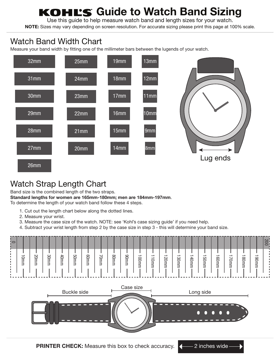 Watch Band Size Chart Kohl 39 s Download Printable PDF Templateroller