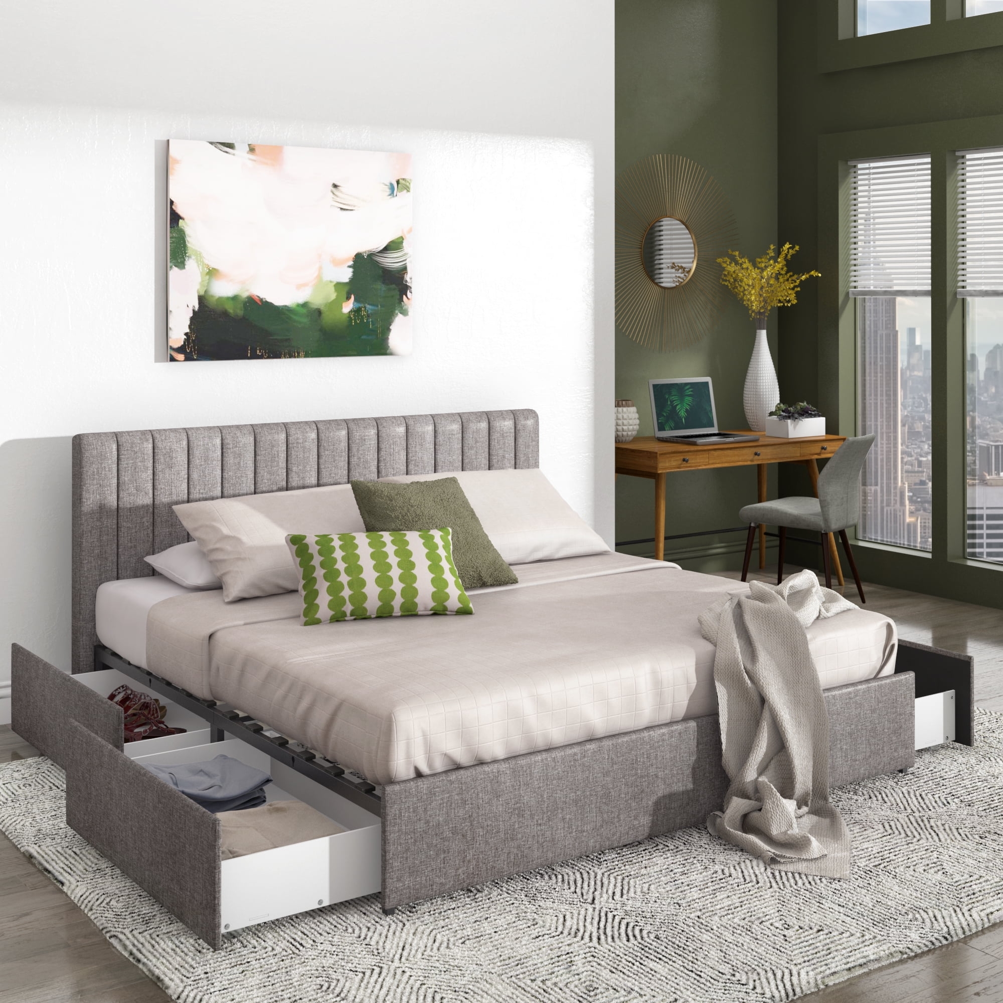 Weston Home Gaylen Grey Linen Upholstered Storage Platform King Bed 
