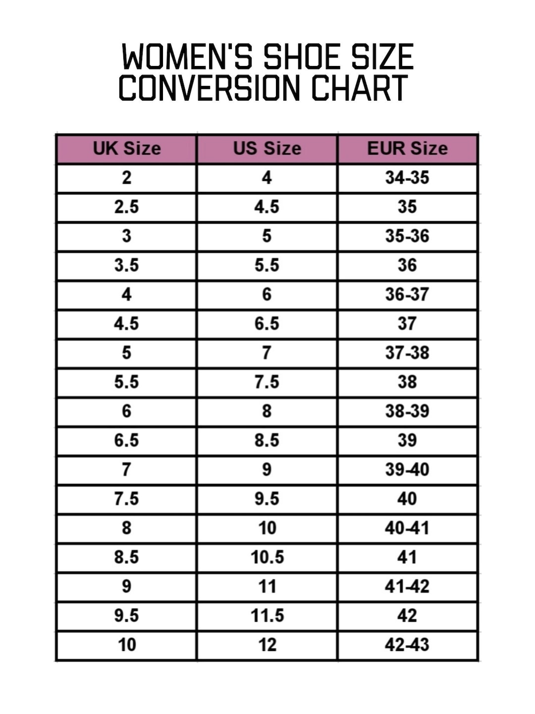 Women 39 s Shoe Size Conversion Chart Shoe Guide Size Guide Instant 